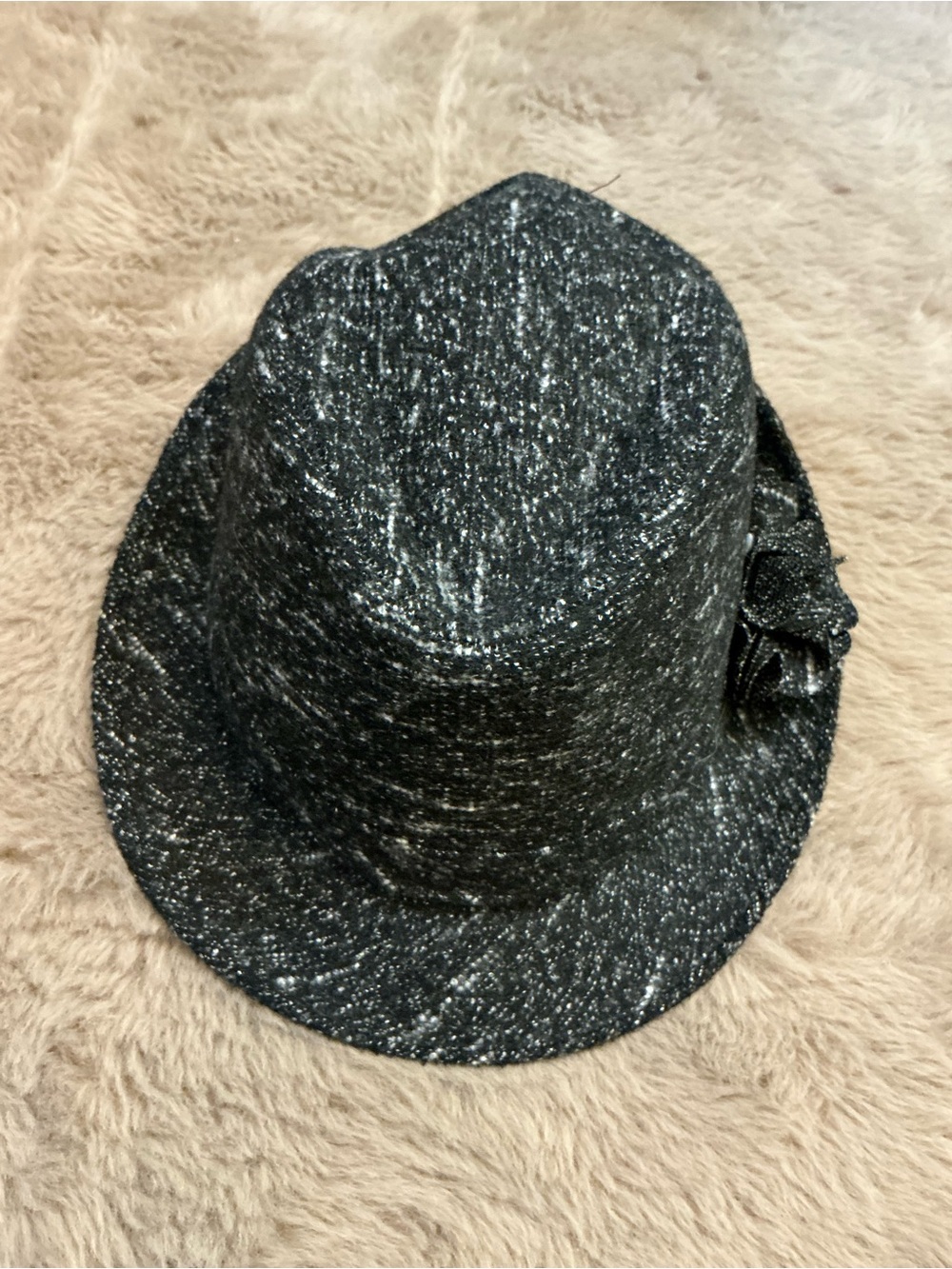 Fair Weather Tweed Fedora Hat Womens Black White Metallic Knit Cloche Flower Cap